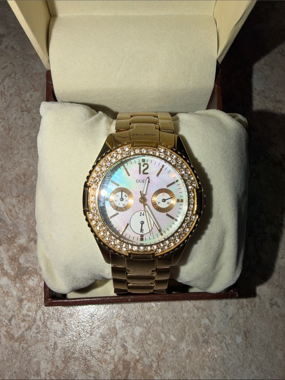 GUESS Gold and Mother-of-Pearl Crystal Bezel Women's Watch